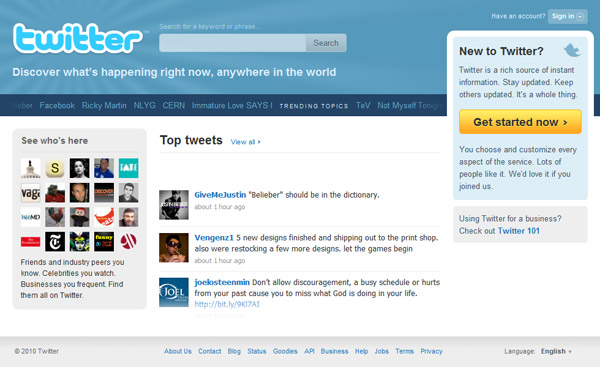 Старая версия главной страницы сервиса Twitter